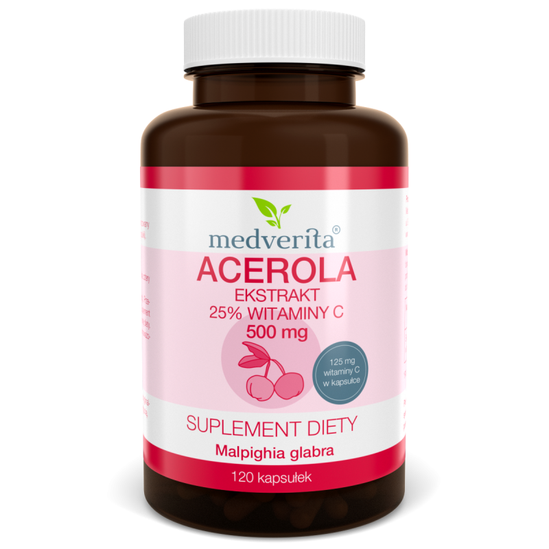 Acerola ekstrakt 25% witaminy C 500 mg (120 kapsułek) Medverita (01.2022) Acerola ekstrakt 25% witaminy C 500 mg (120 kapsułek) Medverita (01.2022)